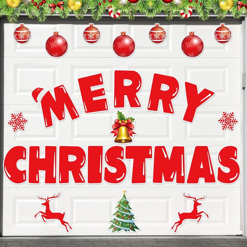 JAYEE Merry Christmas Garage Door Magnets Decoration, 27 Pcs Christmas Decor Garage Door Magnetic Banner with Ornament, Refrigerator Magnets Car Decal Stickers for Xmas Holiday DIY Decor, 8" H Large - Image 1